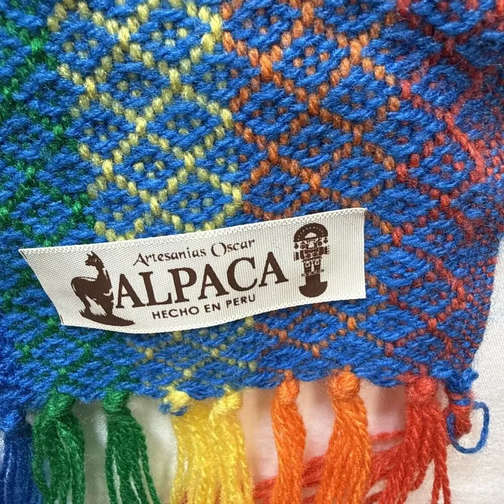 Artesanias Oscar Alpaca‎ Blue Rainbow Stripe Wrap Scarf Hand Woven Made in Peru